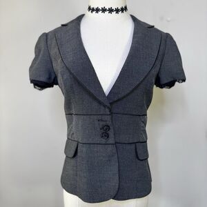Vtg Y2K Gray Short Sleeve Deep V Neck Ruched Blazer Jacket Office Siren Lace M